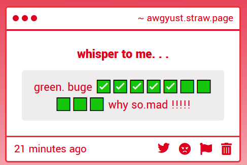 awgyust's tweet photo. *squeak* green b*squeak*uge why you so!*squeak*  *squeak* mad!*squeak* green buge you need to calm down *squeak* they'll get you! *squeak* they'll fuckin *squeak* get you! *squeak*🟢🥬🪲🌱🍃🪲🪲🪲🟢🟢🟢✅✅✅✅✅✅ https://t.co/dZKAkJKxK8