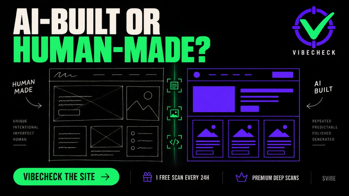 VibeCheck_Tech's tweet photo. AI-built or human-made? 👀

Vibe Check scans websites for builder fingerprints, tech patterns and signs of AI assistance—then shows you the evidence.

✅ 1 free scan per wallet every 24h
⚡ Premium unlocks deeper, more detailed results
Check the vibe: https://t.co/CLe4CGE7aj

$VIBE