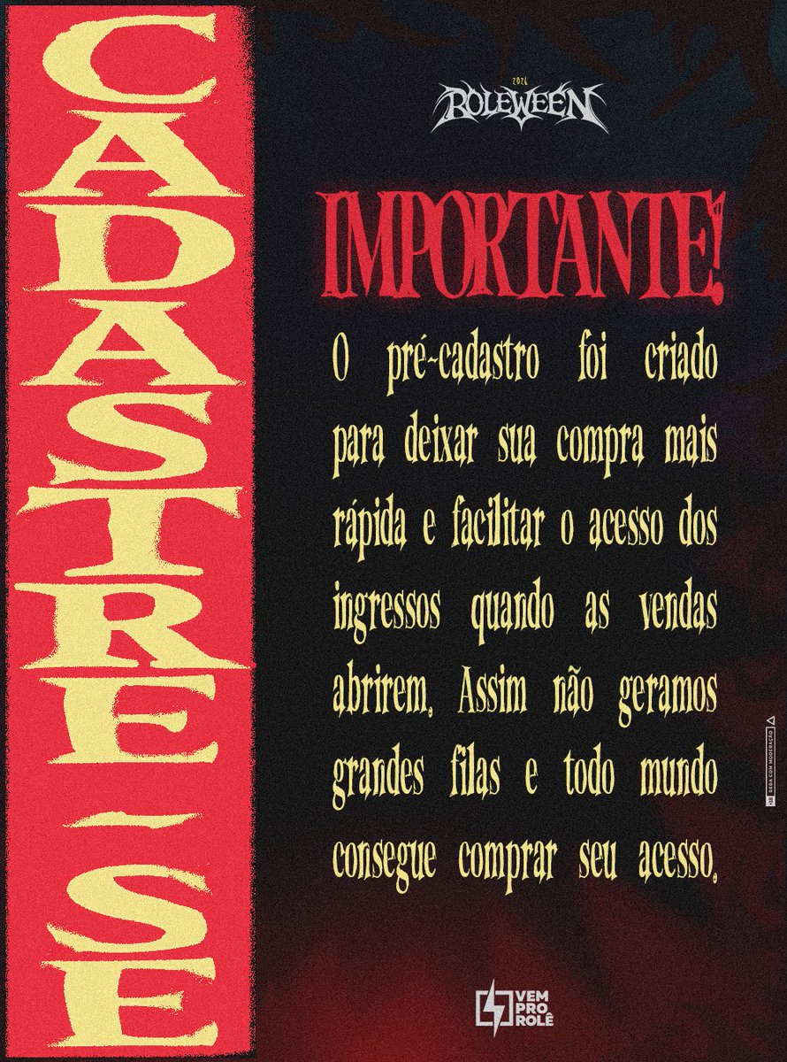 vemprorole_'s tweet photo. 🩸 O PESADELO COMEÇA A SER REAL ⚡️

O pré-cadastro do Rolêween 2026 já está liberado. 👁️‍🗨️
Cadastre-se agora pelo https://t.co/ECZS8Xx9pu e prepare-se.

🎟️ As vendas começam dia 27.09.

ROLÊWEEN 2026 - Não é um sonho, é pesadelo👹 https://t.co/AQb4LB1U8i