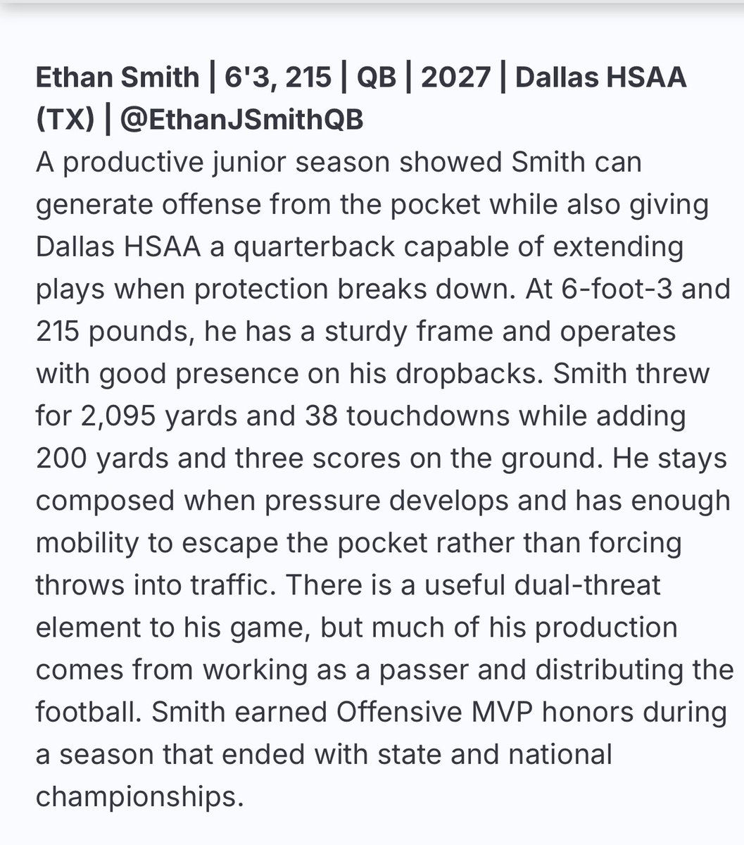 EthanJSmithQB's tweet photo. Thank you @sixstarfootball for the write up!! @nsmesports @CalvinLDavis3 @Coast2Coasttc @Marchen44 @MusgroveAgency @QB_Doctor @QBUniverseQBU @quarterbackmag @PrepRedzoneTX https://t.co/yb1IL3qXZy