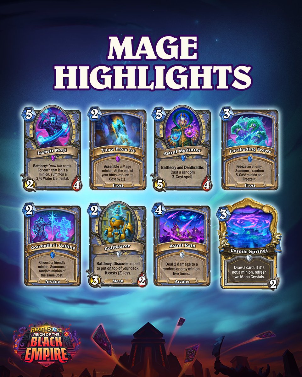 PlayHearthstone's tweet photo. 🧙‍♂️ Mage is slingin' spells and assembling their way to victory with these new cards!

Tune in to our stream tomorrow to see what Paladin is bringing to the table. https://t.co/gwZxGaTVkk