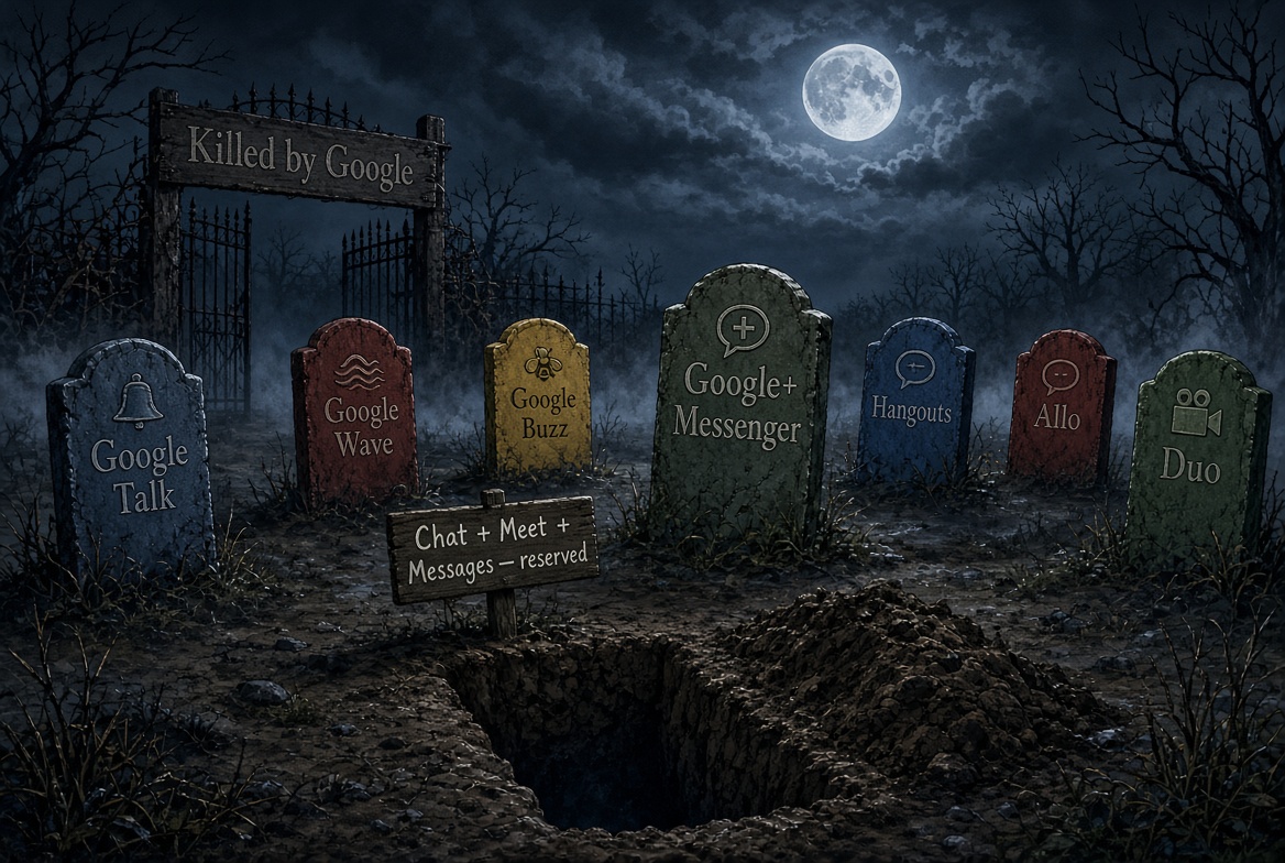 Pedro_artint's tweet photo. Laptops are the easy case. Try their chat apps:  Talk → Wave → Buzz → Google+ Messenger → Hangouts → Allo + Duo → Chat + Meet + Messages  Same product, seven names, and they killed most of them along the way. 
Someone even keeps a graveyard: https://t.co/OyC2eM8hIy, 307 products and counting.