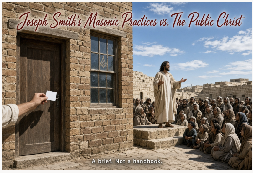 bflynnusa's tweet photo. LDS Masonic Practices vs. the Public Christ

A brief, not a Church handbook. Joseph Smith’s closed endowment versus Christ’s open gospel.

Sources are the LDS Church’s published recommend questions, public descriptions of the endowment, Nauvoo lodge and history records, Kimball’s June 17, 1842 letter, and the King James text.

LDS Sunday meetings are public. Dedicated temples are not. A living endowment requires a temple recommend after two interviews, one with a bishopric member and one with a member of the stake presidency. The Church publishes the interview questions. In summary they ask for faith in God the Eternal Father, Jesus Christ, and the Holy Ghost; a testimony of Christ’s Atonement and of the Restoration; sustaining the living Church President as prophet, seer, and revelator and as the only person on earth authorized to exercise all priesthood keys; sustaining the First Presidency, the Twelve, other general authorities, and local leaders; striving for moral cleanliness and obedience to the law of chastity; following Church teachings in public and private, including with family; no support or promotion of teachings, practices, or doctrine contrary to the Church; striving to keep the Sabbath, attend meetings, and partake of the sacrament; honest conduct; a full tithe; and understanding and obeying the Word of Wisdom, commonly applied as no alcohol, coffee, tea, or tobacco. The Church teaches the law of chastity as sexual relations only within a legal marriage between a man and a woman.

Serious sins must be resolved with priesthood leaders first. Endowed members are also asked whether they keep their temple covenants and honor the privilege of wearing the garment as instructed in the endowment. The ordinary rule is that a person who is not a full-tithe payer does not receive an endowment recommend. No recommend, no endowment.

Inside, the main adult rite is the endowment: a symbolic washing and anointing, instruction to wear the temple garment, a presentation on creation and return to God (filmed in most temples), and five covenants the Church now names in public teaching. Those covenants are the law of obedience, the law of sacrifice, the law of the gospel of Jesus Christ, the law of chastity, and the law of consecration. A new name is given. Signs and tokens are taught.

Those particular symbols are not to be described outside the temple. LDS leaders often say the rite is “sacred, not secret.” Calling it sacred does not change the facts: the tokens stay unpublished, the doors stay shut, and the public cannot watch a dedicated endowment session. That is a closed ordinance. Jesus taught publicly in synagogues, temple courts, and in the open. He did not teach a handshake that must be hidden behind a recommend.

A token, in this rite, is taught as a sacred clasp of hands, a set way of joining hands, with a matching gesture called a sign and with an associated name. That is a description from form and from historical comparison. The Church does not publish the tokens. Brigham Young taught that the endowment prepares a person to pass angels who stand as sentinels by means of key words, signs, and tokens.

Critics and many historians compare those handclasps to Masonic grips: proof of initiation, not a sermon that can be preached from a housetop. That comparison rests on matching ritual form: temple tokens and signs resemble Masonic grips and signs, and both rites used secrecy, penalties, and related emblems. It does not rest on any official Nauvoo Lodge minute that records the lodge transferring those grips into the endowment. The Church now publishes the titles of the five covenants. It still does not publish the tokens.

March 15 and 16, 1842: Joseph Smith is initiated as an Entered Apprentice and, the next day, passed Fellow Craft and raised Master Mason. Nauvoo Lodge minutes and period histories record it. In that season the lodge used the upper room of his Red Brick Store in Nauvoo, a room also used as his office and described as the lodge room where the Masonic fraternity met. May 4, 1842: on that same upper floor, Joseph Smith administers washings, anointings, endowments, and priesthood keys. Standard accounts say he instructed a first company usually counted as nine men. Contemporary and later LDS accounts treat that first company as men tied to the Nauvoo lodge. Historians describe most of them as Masons.

June 17, 1842: Heber C. Kimball writes Parley P. Pratt that the new priesthood things “are not to be written,” that “there is a similarity of priesthood in masonry,” and that “Brother Joseph says masonry was taken from priesthood but has become degenerated.” The wording here follows the sense of the letter as commonly cited; the original is spelled phonetically. LDS FAIR cites that letter. The nineteenth-century endowment used ritual forms also used in the lodge: certain grips, secrecy penalties, the five points of fellowship, square and compass marks, and stock ritual phrases.

The Church later removed or softened the parts that looked most like the lodge. In 1990 the penalty oaths and the five points of fellowship were dropped, and women no longer covenanted to obey a husband. In 2005 the initiatory was made fully clothed and more symbolic. In 2019 and 2023 the session was shortened, wording was revised, the five covenants were listed at the start, and patron-to-patron touching during the tokens was reduced. A recommend, garments, a new name, and tokens that may not be described outside still remain. Titles of covenants are public. Tokens are not.

Matthew 10:27 is not permission for a permanent secret. The King James text says: “What I tell you in darkness, that speak ye in light: and what ye hear in the ear, that preach ye upon the housetops.” The Greek skotia (“darkness”) means a private setting, the quiet classroom, not a doctrine under a gag order. Verse 26 says nothing covered stays covered. The whisper is ordered onto the roof. That reading is an application of the text to a closed handshake.

John 18:20: “I spake openly to the world… in secret have I said nothing.”

Matthew 5:34, 37: “Swear not at all… let your communication be, Yea, yea; Nay, nay.”

James 5:12: “Swear not… lest ye fall into condemnation.”

Luke 8:17: “Nothing is secret, that shall not be made manifest.”

Ephesians 5:11-12: “Have no fellowship with the unfruitful works of darkness… it is a shame even to speak of those things which are done of them in secret.”

1 Timothy 2:5: “One mediator between God and men, the man Christ Jesus.”

Hebrews 10:19-20 says believers enter “by the blood of Jesus, by a new and living way… through the veil.”

Galatians 1:8: “Though we, or an angel from heaven, preach any other gospel… let him be accursed.”

FAIR will say Masonry was a catalyst, not a copy; that the theology differs; that Kirtland already had washings. Those claims do not cancel March 15 and 16, May 4, the lodge room, Kimball’s letter, or the King James text.

Scripture applied: The King James Bible never names Joseph Smith. Read on its own terms, it names a pattern and forbids it: open speech, not lodge silence; yea and nay, not ritual oaths; one Mediator and a torn veil, not tokens behind a recommend; another gospel accursed.

John 18:20 records Jesus telling the high priest that his teaching was public. Using that verse against a closed handshake is an application of the text. The same is true of Ephesians 5:11-12 when it is set beside tokens that still may not be described outside an LDS temple. Paul warns against fellowship with works of darkness and says it is a shame even to speak of things done in secret.

The brief makes that application on purpose. Smith’s endowment, given seven weeks after he was made a Mason, fits the other pattern. The LDS Church softened the packaging. It did not make the ordinance match John 18:20.

The standard is Jesus, not Nauvoo. Jesus’ ministry was public: synagogues, temple courts, housetops. Calling a closed handshake “sacred” does not make it Christian. The Christian measure is the open Christ, not Joseph Smith’s secret tokens.

Joseph Smith Jr. was a practicing Mason in a secret fraternity. He took lodge forms into a closed endowment and preached that package as restored priesthood gospel. Galatians 1:8 names that other gospel. On that measure Smith was an accursed deceiver.