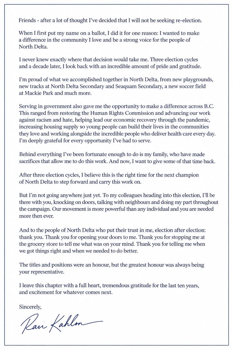 KahlonRav's tweet photo. After a lot of thought, I’ve decided I will not be seeking re-election.

I’m incredibly grateful for the opportunity to have represented the community I love.

I will be on the doorsteps supporting Premier Eby and my colleagues in the coming weeks.

Please see my statement 👇 https://t.co/ymBj0mXs9r