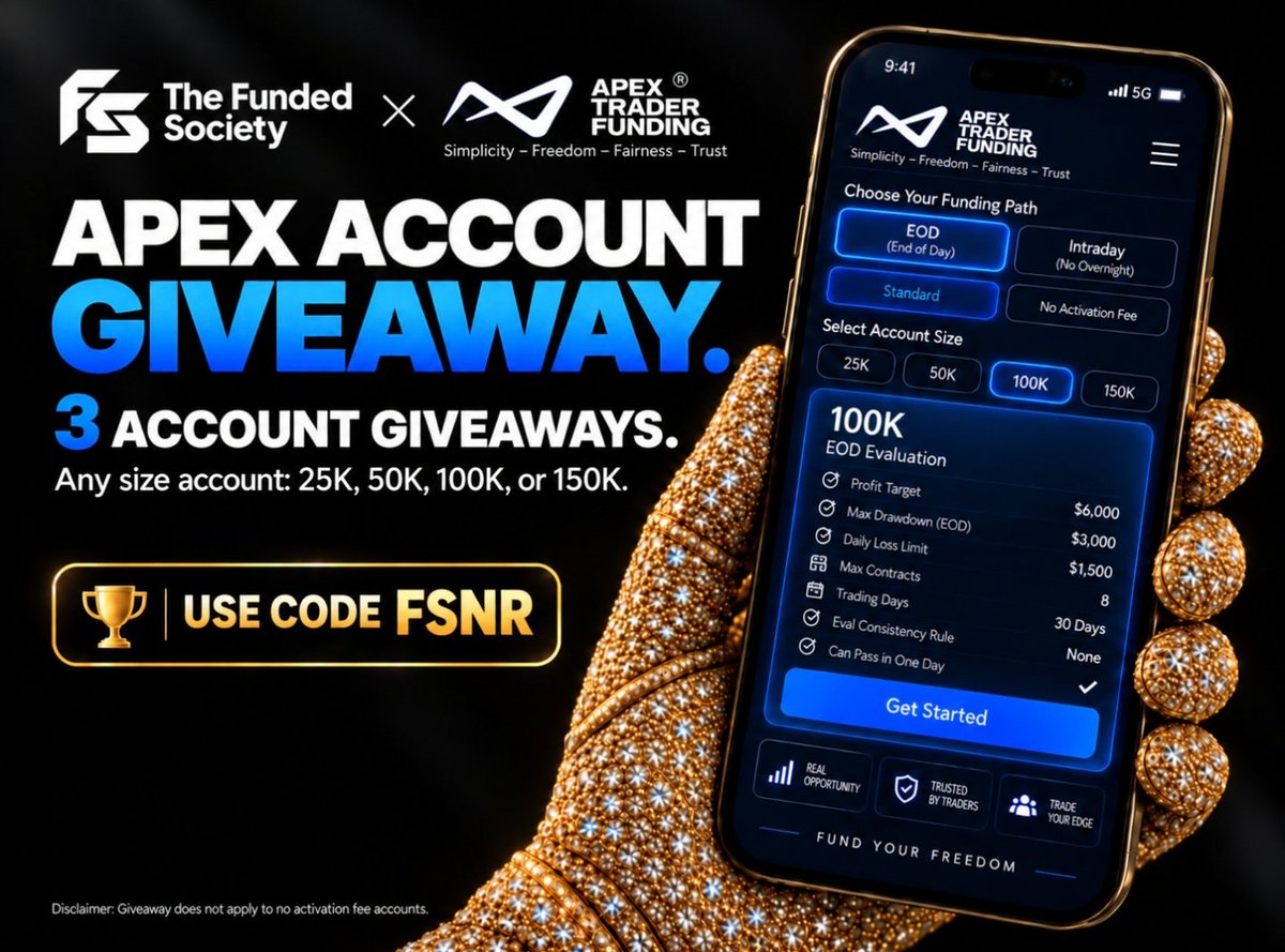 fundedsociety_'s tweet photo. APEX ACCOUNT GIVEAWAY 💎

We’re giving away 3 Apex evaluation accounts - winners can choose 25K, 50K, 100K, or 150K.

To enter:

Follow @fundedsociety_ 

Like + repost this post
Tag 2 traders below

3 winners will be selected! https://t.co/yrJD1wrwxP