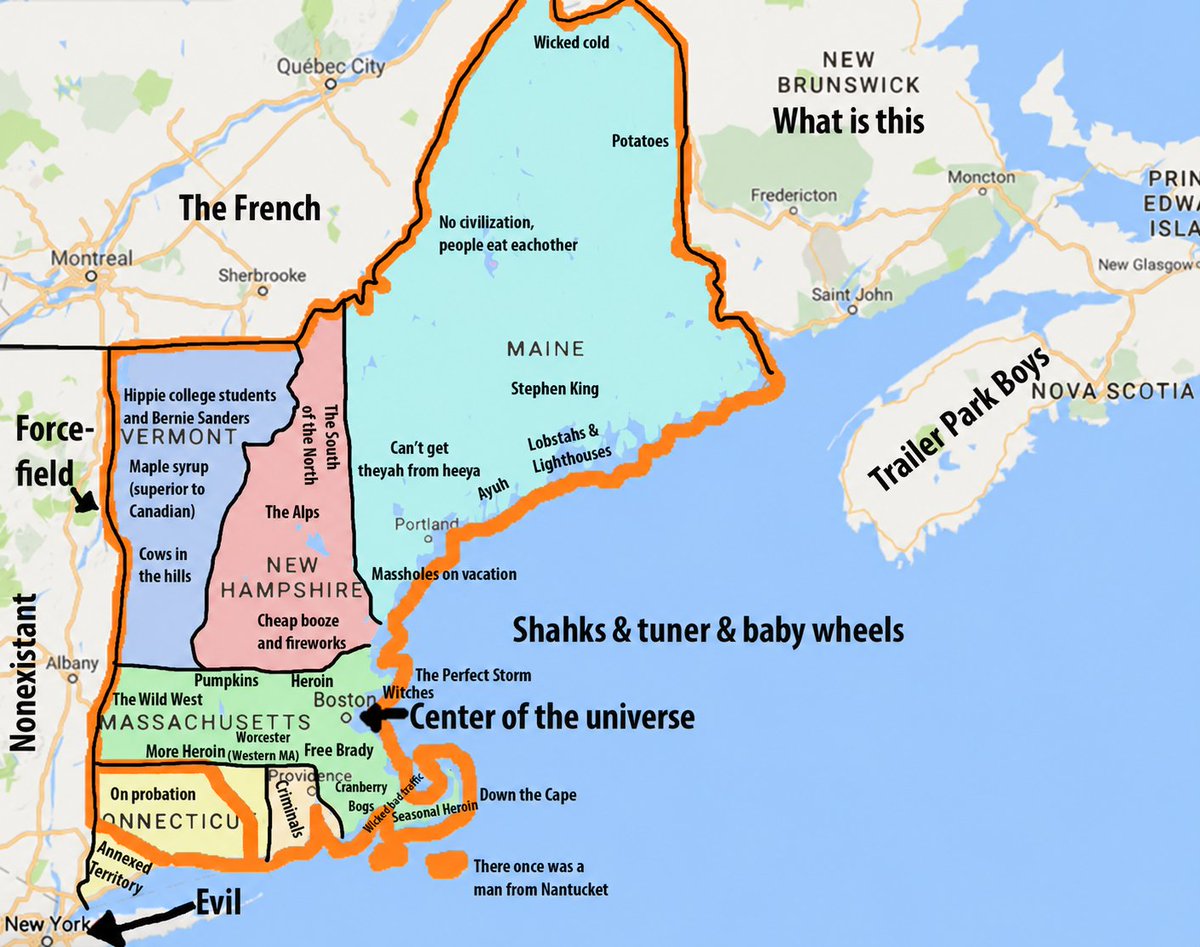 TerribleMaps's tweet photo. A stereotype map of New England https://t.co/1UyJRp5bZd