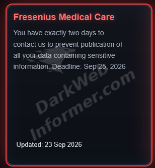 DarkWebInformer's tweet photo. ‼️🇩🇪 ShinyHunters names a German healthcare company

🇩🇪 Fresenius Medical Care - A Germany-headquartered healthcare company specializing in dialysis products, services, and treatments for people with kidney disease. https://t.co/nb1TFjAT7Y