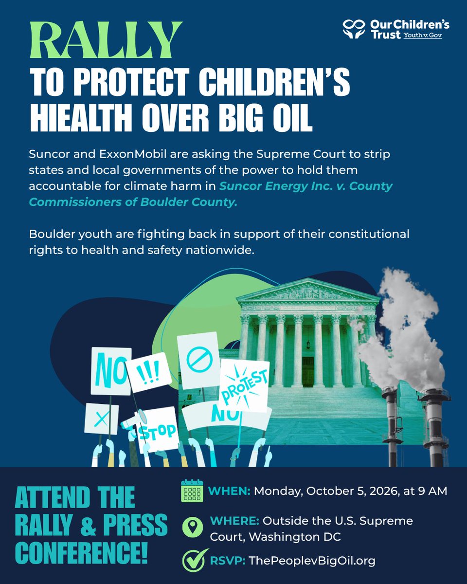 youthvgov's tweet photo. Suncor &amp; ExxonMobil are asking SCOTUS to strip states and local governments of power to hold them accountable for climate harm. Boulder youth are fighting back for their right to a safe future. Attend the rally &amp; press conference! Oct 5, 9AM, SCOTUS, RSVP: https://t.co/VGTt2erutj https://t.co/xFIEEz2ChX