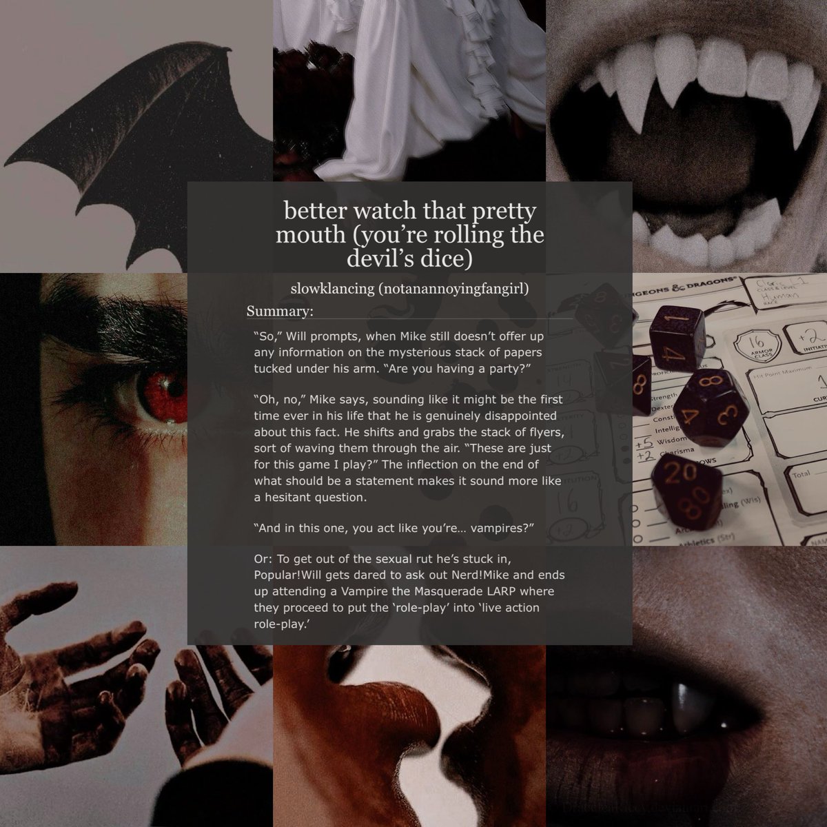 bylerlibrarian's tweet photo. better watch that pretty mouth (you’re rolling the devil’s dice) 

♰ one shot: 38.4k
♰ explicit rating
♰ college au 
♰ strangers to lovers
♰ vampire LARP https://t.co/4qY0b1J2E4