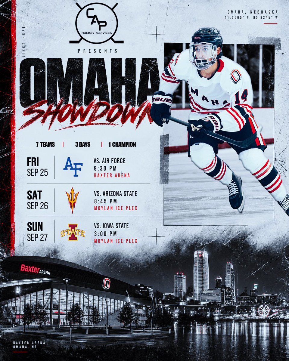 UNOACHAHOCKEY's tweet photo. The Omaha Showdown is back bigger and better for year 2 presented by @capperhockeyser 

Friday | VS Air Force | 9:30 PM CT | Baxter Arena 
Saturday | VS Arizona State | 8:45 PM CT | Moylan Ice Plex 
Sunday | VS Iowa State | 3:00 PM CT | Moylan Ice Plex https://t.co/yuHXijzNuw
