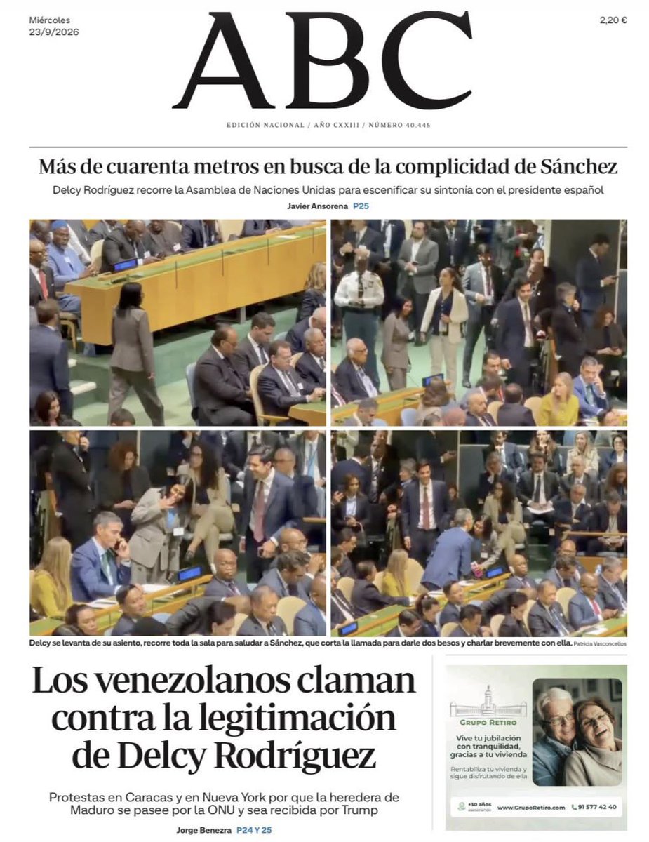 Gbastidas's tweet photo. Flaco favor le hizo Delcy Rodríguez a Pedro Sánchez con su inoportuno saludo en la Asamblea General de la ONU.

La imagen ocupa las portadas de los medios españoles este miércoles 23 de septiembre. https://t.co/80PPvBgnDQ