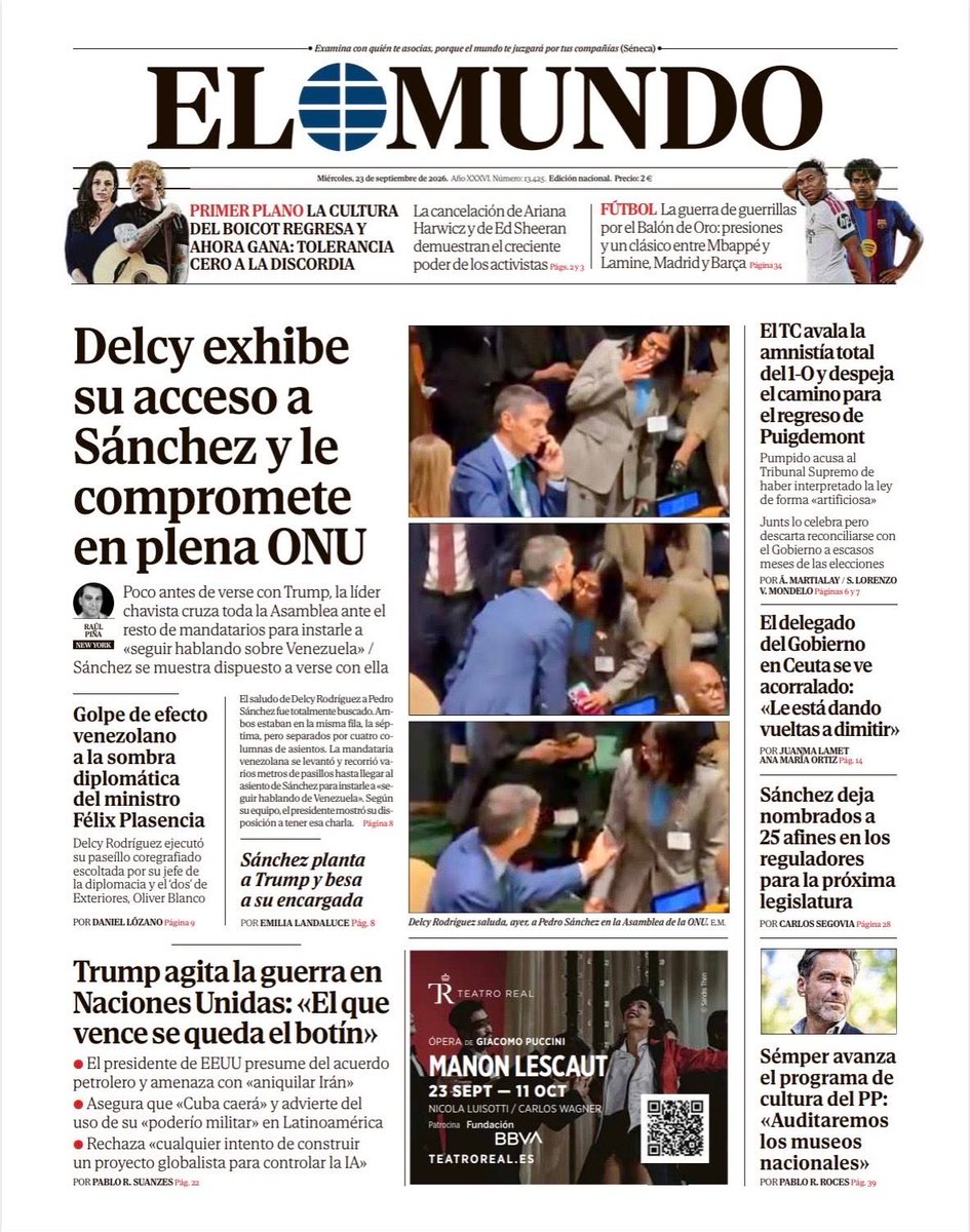 Gbastidas's tweet photo. Flaco favor le hizo Delcy Rodríguez a Pedro Sánchez con su inoportuno saludo en la Asamblea General de la ONU.

La imagen ocupa las portadas de los medios españoles este miércoles 23 de septiembre. https://t.co/80PPvBgnDQ
