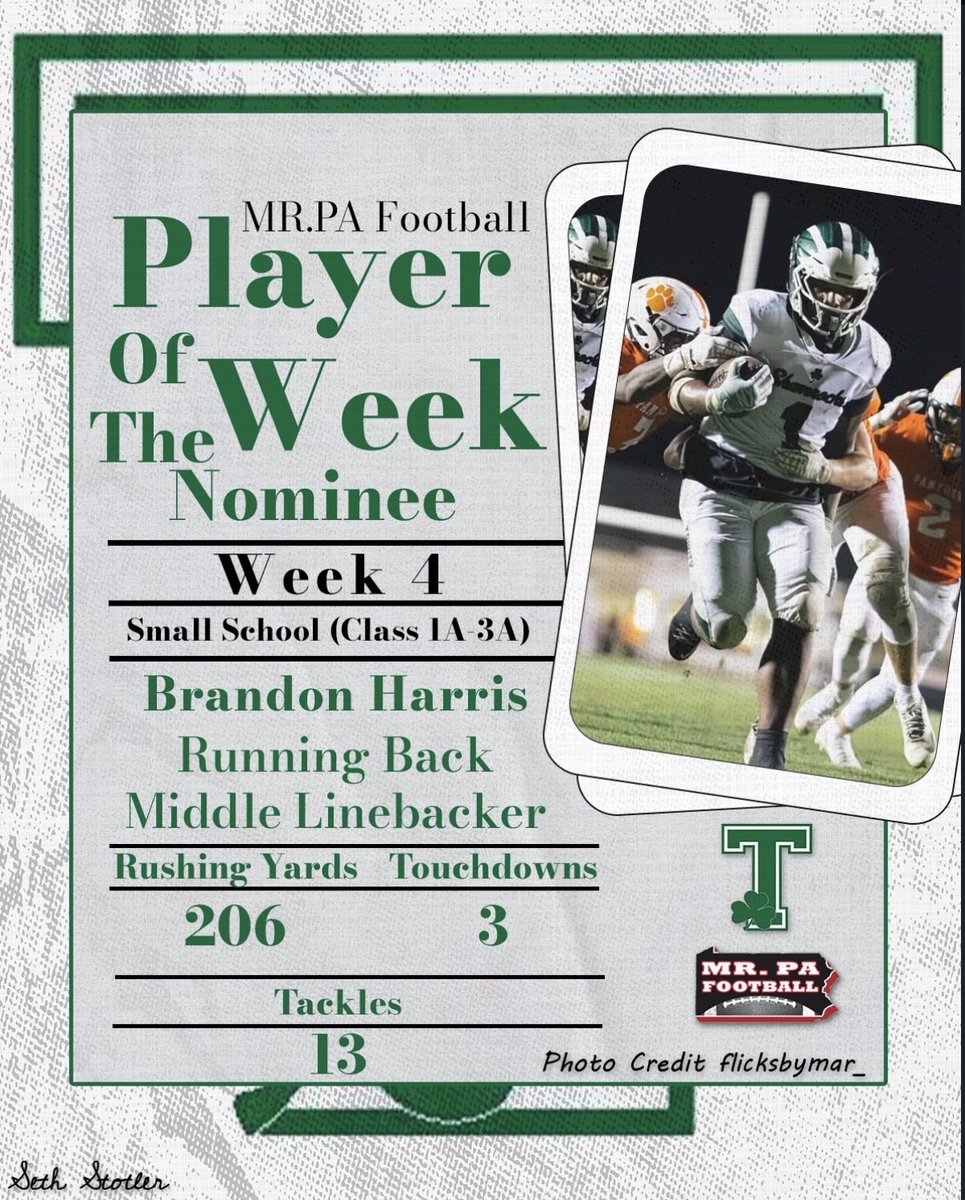 Trinity_HSFB's tweet photo. Brandon Harris (@BHarris2028 ) has been nominated to @mrpafootball ‘s Player of the Week list! 

☘️ 206 Rushing Yds , 3 TDs , 13 Tackles

☘️ Vote for Brandon at:
https://t.co/sJtyYdhNQm
-
@PAcatholic @thsshamrocks https://t.co/p5aoFs2Ufl