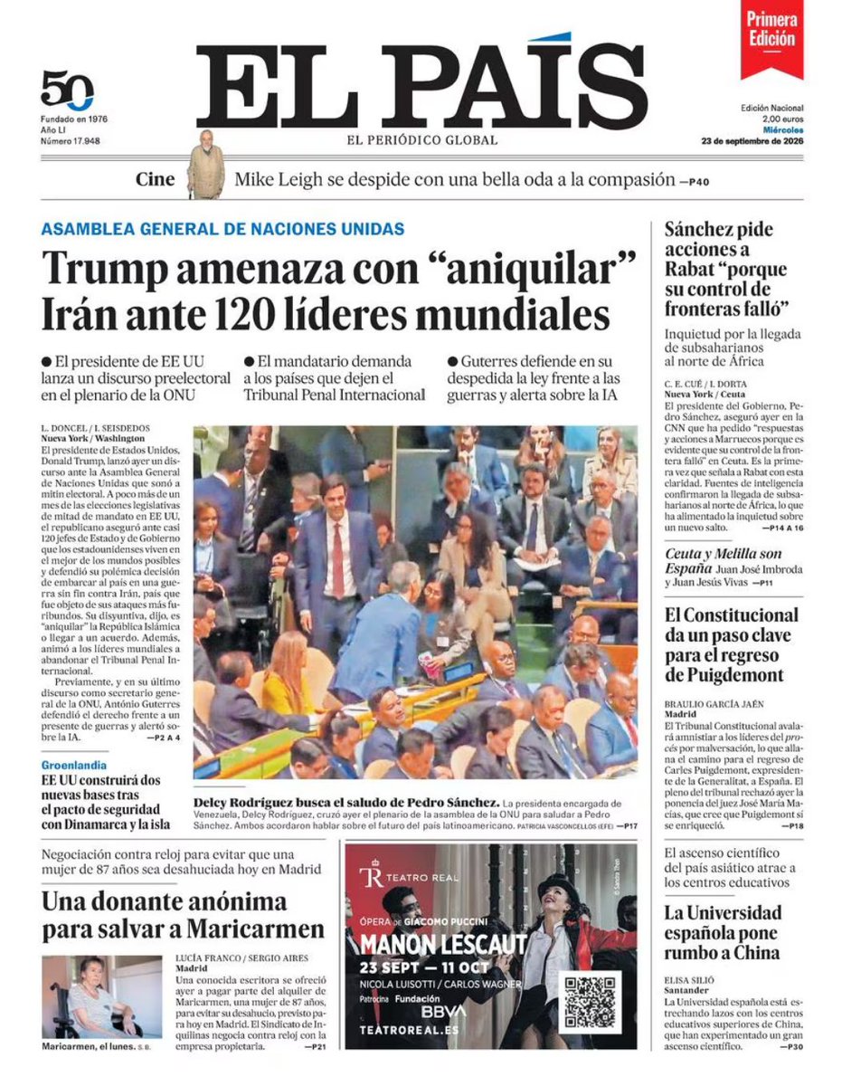 Gbastidas's tweet photo. Flaco favor le hizo Delcy Rodríguez a Pedro Sánchez con su inoportuno saludo en la Asamblea General de la ONU.

La imagen ocupa las portadas de los medios españoles este miércoles 23 de septiembre. https://t.co/80PPvBgnDQ