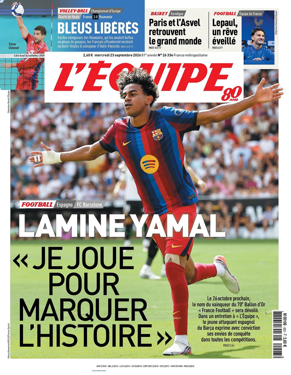 lequipe's tweet photo. 🗞️ La une du journal L'Équipe du mercredi 23 septembre 2026
Pour lire votre édition➡️ https://t.co/F2ITqi5tE9 https://t.co/4REFj6mu4Q
