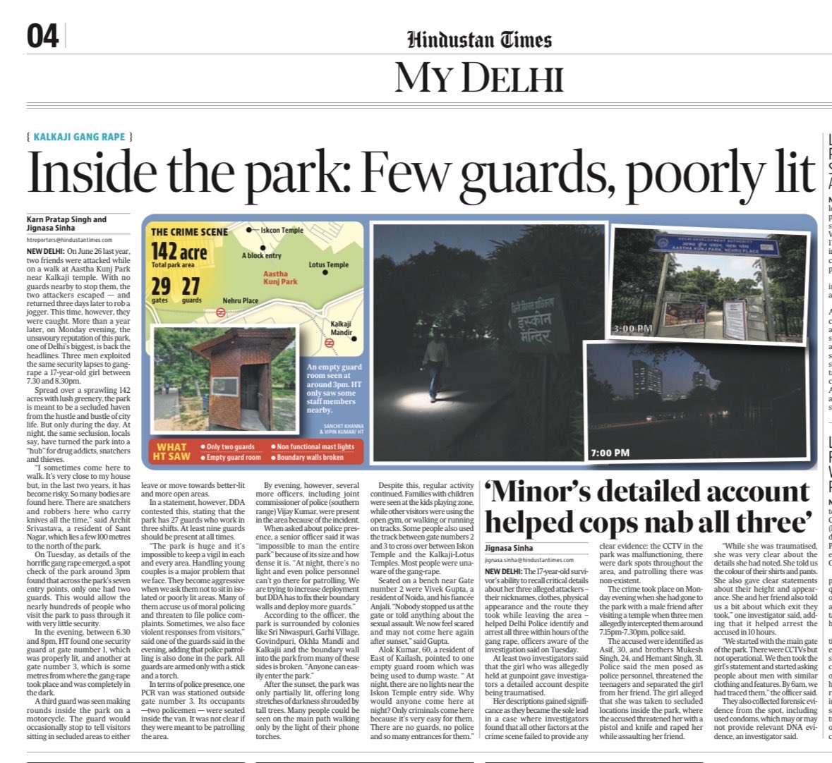 somyalakhani's tweet photo. How unsafe is Delhi? A walk in the park — maintained by DDA, next to Kalkaji temple in south Delhi — can turn into a nightmare. 

Minor gang raped by 3 men who posed as cops at Aastha Kunj park. Detailed reports by @jignasa_sinha @KarnHT https://t.co/FJtmWp7trL