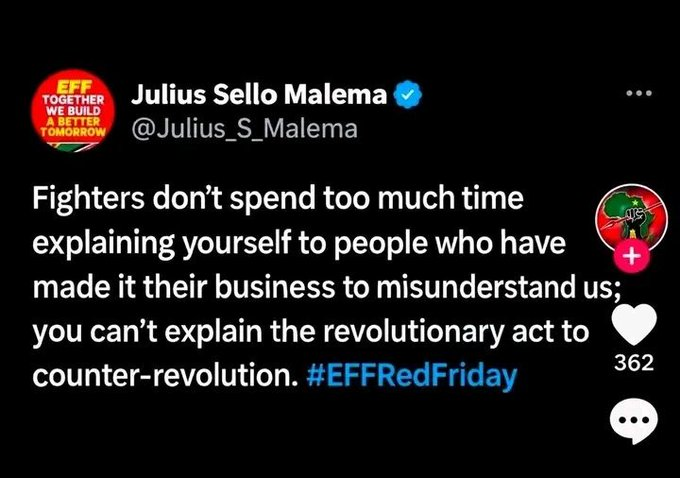 land_now_za's tweet photo. @umdah_mellit @kabeloMashaba4 @Julius_S_Malema being called a fool by you is a badge of honour. whatever makes you happy...we remain unshaken 

#StayMad #LetsGoWin #EFFwayawaya https://t.co/wJza9j0JRA
