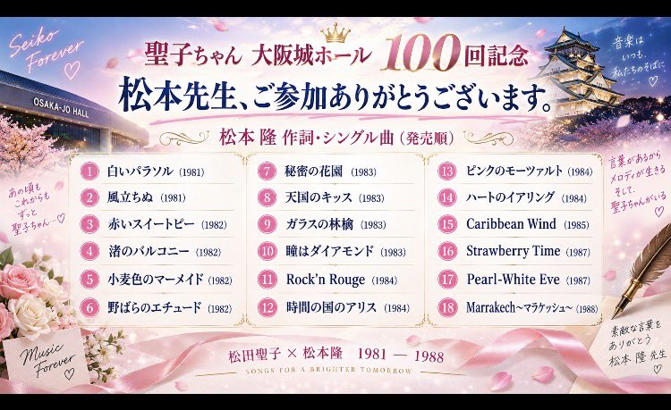 Cojpjan's tweet photo. 聖子ちゃん
大阪城ホール100回記念
可愛い聖子ちゃん最高でした😀
そして松本隆先生さんありがとうござ���ました。
感謝🥲です。

松本隆先生の曲簡単にまとめてみました。
#松田聖子　#大阪城ホール
#100回 #松本隆 https://t.co/UKU2hS933M