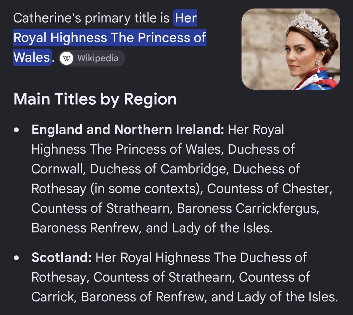 AllexmarieHoll1's tweet photo. I cannot believe the amount of publications that wish us to believe them both credible and respectable, who continue to refer to HRH The Princess of Wales as “Kate Middleton”.

Catherine Middleton, ceased being a Middleton when she married her husband HRH Prince William on Friday, 29th April, 2011. Over 15 years ago!!  

Upon marriage Catherine officially became Her Royal Highness the Duchess of Cambridge (along with the regional titles Countess of Strathearn and Lady Carrickfergus). 

Technically, upon the moment of marriage, she also became Her Royal Highness Princess William of Wales, but her primary peerage title given by the Queen was the Duchess of Cambridge.

When Queen Elizabeth II died on September 8, 2022, Catherine's titles immediately updated to Duchess of Cornwall and Cambridge, and she was officially named the Princess of Wales by King Charles III shortly after.

Her full set of titles at that time included:
•Princess of Wales
•Duchess of Cornwall
•Duchess of Cambridge
•Countess of Strathearn
•Baroness of Carrickfergus

I’ve attached a screenshot of her current titles as well as one publication that needs community notes attached. (I’ve requested a community note because I’m fed up with misinformation and disrespect). It obviously helps if more people request a community note. 

Thank you.