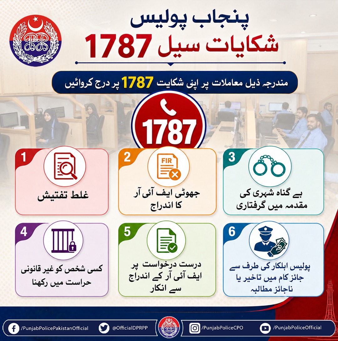 OfficialDPRPP's tweet photo. السلام علیکم! صبح بخیر
پنجاب پولیس سے متعلقہ شکایات کیلئے آئی جی پنجاب کے شکایات سیل میں 1787 پر کال کر کے اپنی شکایت درج کروا سکتے ہیں۔
#PunjabPolice #Awareness https://t.co/itInhCagRo