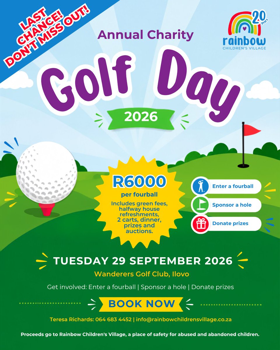 RainbowCV1's tweet photo. ⏰ IT’S ALMOST TIME TO TEE OFF! Have you secured your place at the 2026 Rainbow Children’s Village Charity Golf Day? Join us on 29 September at Wanderers Golf Club, Illovo. R6,000 per fourball.
Book today! https://t.co/HjMRmO11GA 
#LastCall #GolfDay2026 https://t.co/H7xxltg5pX