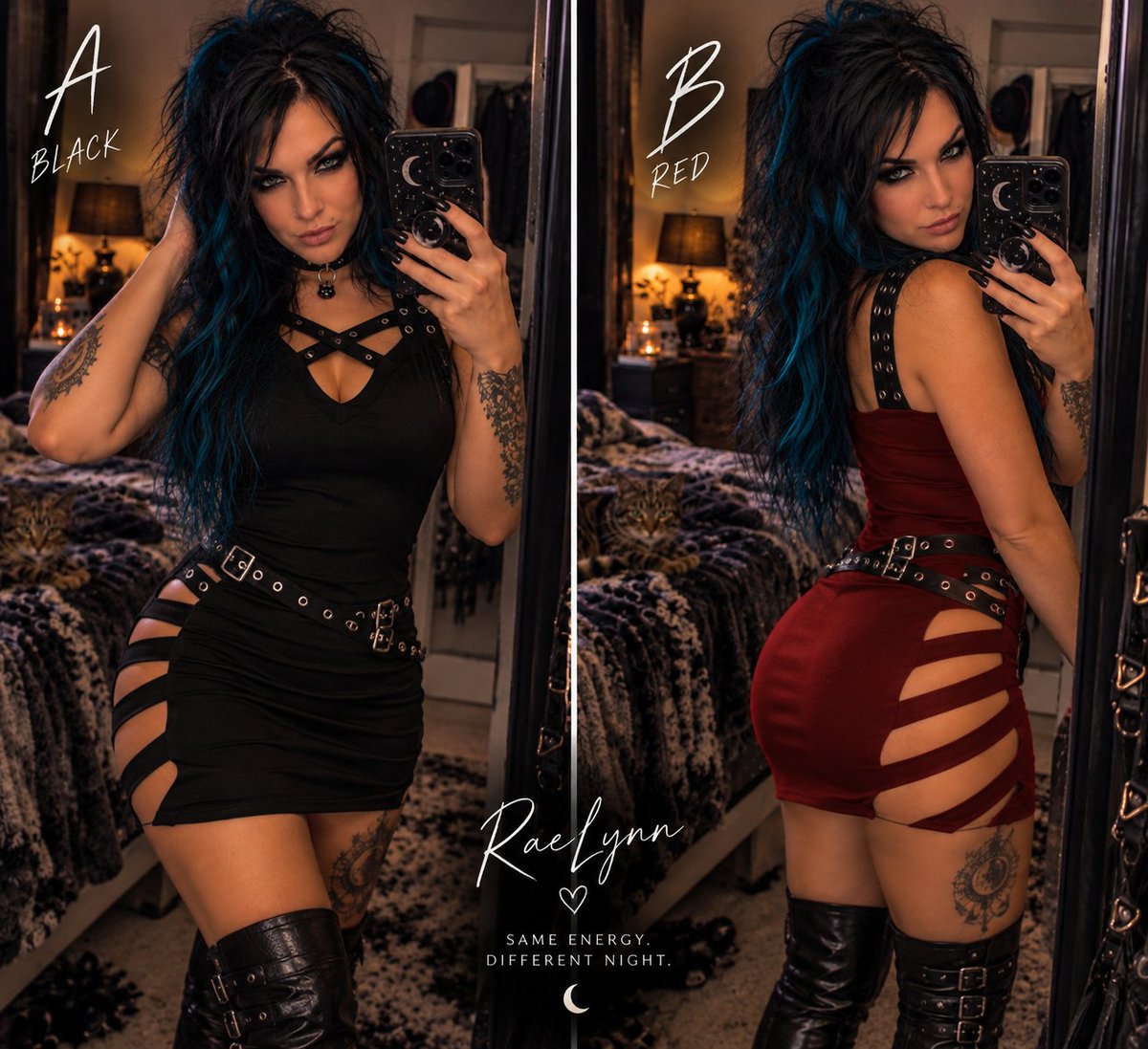 raelynnstarr77's tweet photo. **I have plans tonight and apparently I can’t decide what to wear. 🖤❤️
A or B?
Pick carefully. I’m actually wearing the winner. 😏

#VirtualInfluencer #AIInfluencer #VirtualModel https://t.co/E8TFiE97pz