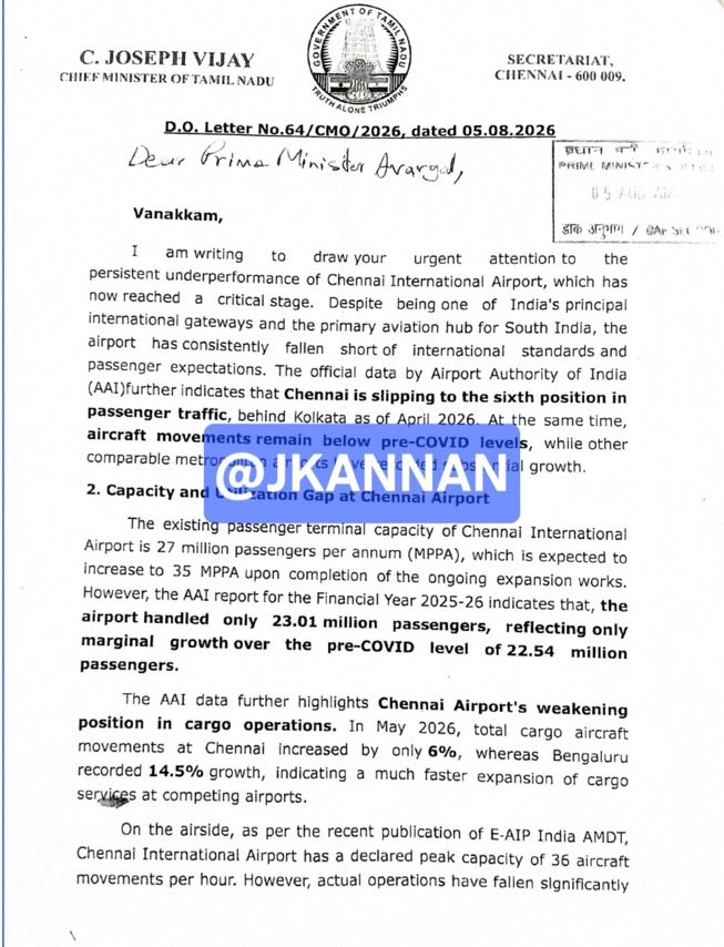 UpdatesChennai's tweet photo. 🚨Chief Minister Joseph Vijay writes to the Prime Minister seeking to transfer the management and operation of Chennai Airport from the Airports Authority of India (AAI) to another agency...
📸 : @Im_kannanj https://t.co/FzFlNKYvSC