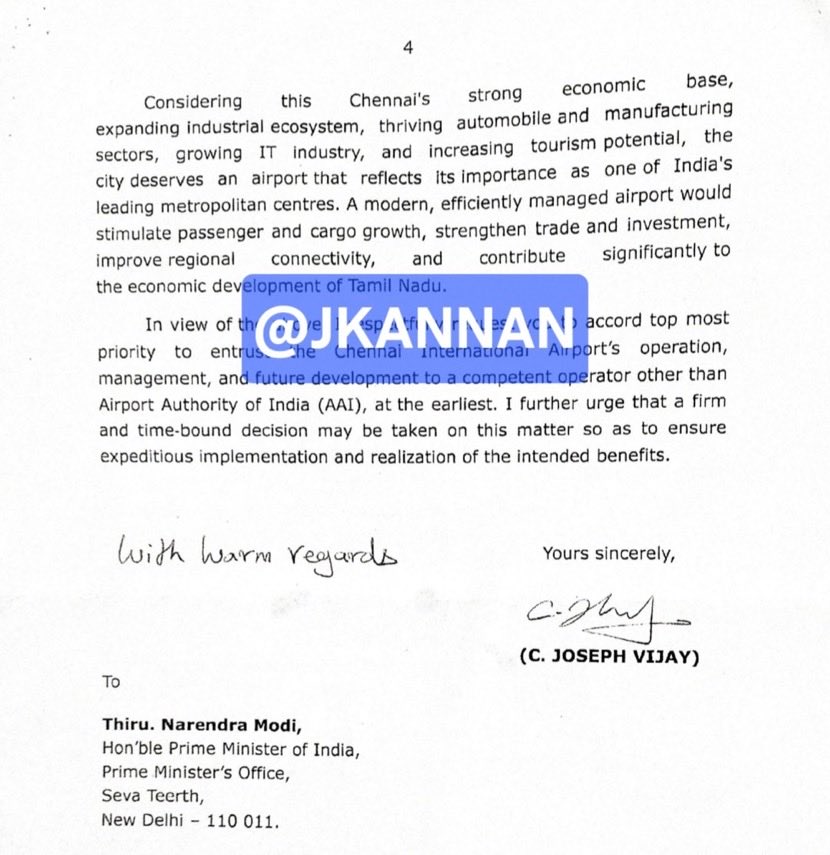 UpdatesChennai's tweet photo. 🚨Chief Minister Joseph Vijay writes to the Prime Minister seeking to transfer the management and operation of Chennai Airport from the Airports Authority of India (AAI) to another agency...
📸 : @Im_kannanj https://t.co/FzFlNKYvSC