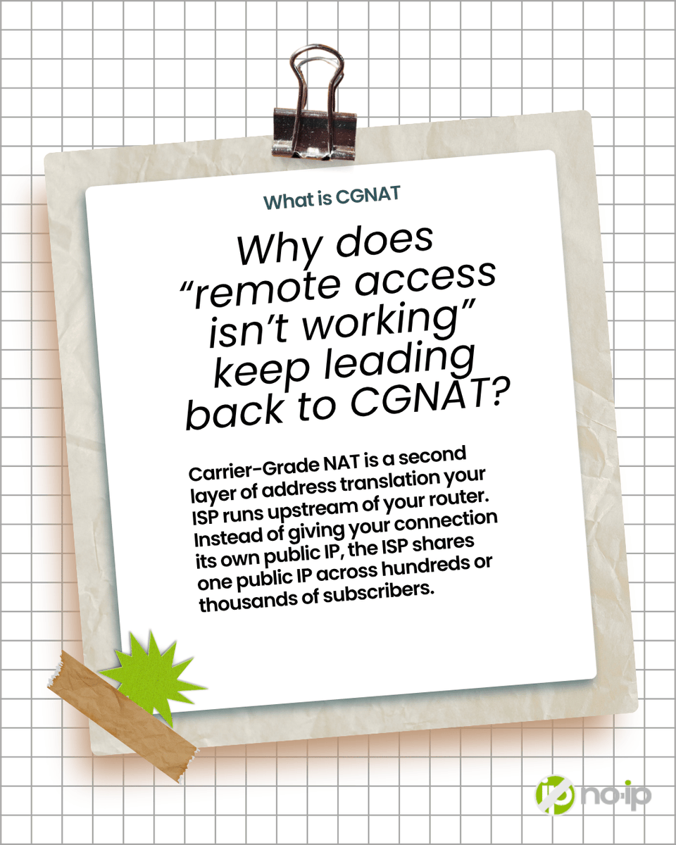 NoIPcom's tweet photo. Swipe through to see what Carrier-Grade NAT actually is, why your ISP turned it on, and the one method that gets around it without needing a static IP. ➡️

Full breakdown at https://t.co/XQINpyyLK6

#CGNAT #RemoteAccess #ITAdmin #MSP #NetworkAdmin #SysAdmin #NoIP https://t.co/CqCrgAPRTy