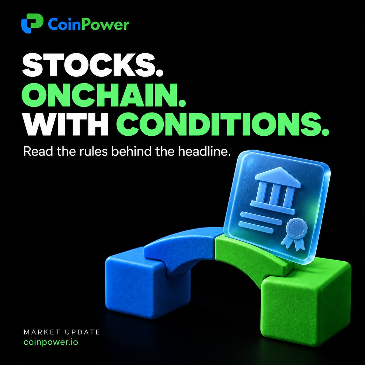 coinpowerio's tweet photo. Tokenized stocks just took a concrete regulatory step. The conditions deserve your attention.

On September 17, the SEC issued its “Innovation Exemption,” creating temporary, conditional relief for eligible Tokenized Securities Venues to trade tokenized NMS stocks through permissioned automated market makers and liquidity pools.

Four details make this worth reading beyond the headline:

• Rights: venues must verify that tokens carry the same rights and privileges as equivalent traditional shares.
• Access and scale: participation is permissioned, with limits on stock symbols and trading volume.
• Market safeguards: trading must stop when the primary listing exchange halts the stock.
• Transparency: the relevant smart contracts must be public and auditable.

Our take: the meaningful experiment is whether onchain infrastructure can work with the ownership rights and market protections that investors already rely on. Faster technology still needs clear answers about what a holder owns, who can participate, and what happens when trading pauses.

This is a scoped testing ground. Wider adoption, liquidity, and future permanent rules remain questions to watch—not outcomes to assume.

When you see the next “stocks onchain” announcement, ask three things: What rights do I hold? Who controls access? How are market interruptions handled?

Read the Bernstein analysis covered on CoinPower:
https://t.co/bWqVPv95wS

#CoinPower #CryptoNews #Web3 #RWA #Tokenization #TokenizedStocks #OnchainFinance #CapitalMarkets #MarketStructure #DeFi #Blockchain #SEC