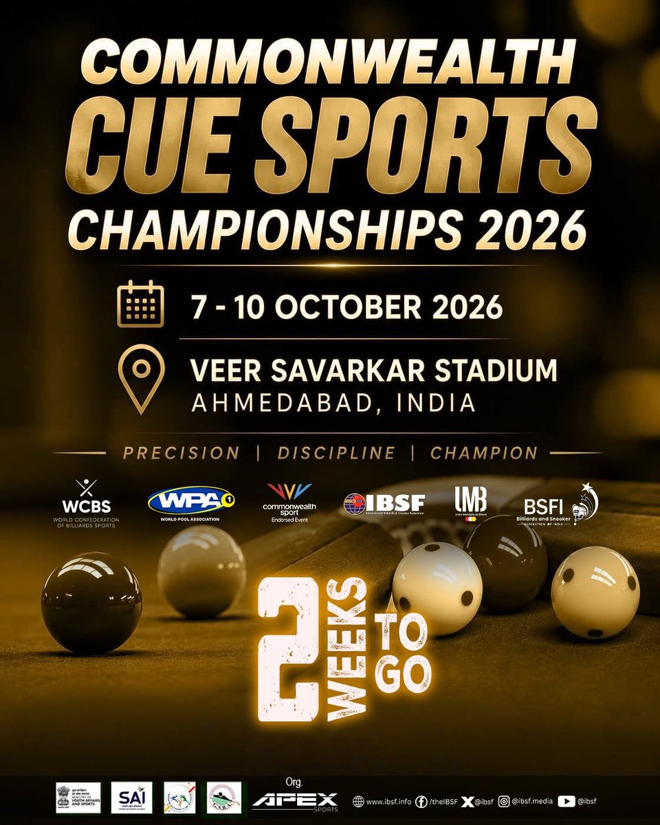 ibsf's tweet photo. Your Commonwealth challenge starts in 2 weeks.
The countdown is officially ON!
Commonwealth Cue Sports Championships 2026
π Ahmedabad
π
7β10 October
Cues ready. Players ready. Ahmedabad ready.
Are you ready?
#CommonwealthCueSport #Snooker #Billiards #IBSF #2WeeksToGo https://t.co/v0AIRoTpyN