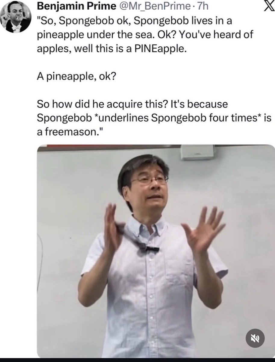 sickntewart's tweet photo. Typical play on conspiracies. “Hey there was more than one gun involved in the JFK assassination… and theres reptiles on the moon.” I enjoyed listening to @ProfessorJiang_ but his American tour seems more and more an attempt to pull some QAnon adjacent information splattering. #professorjiang #spongebob is a #freemason #