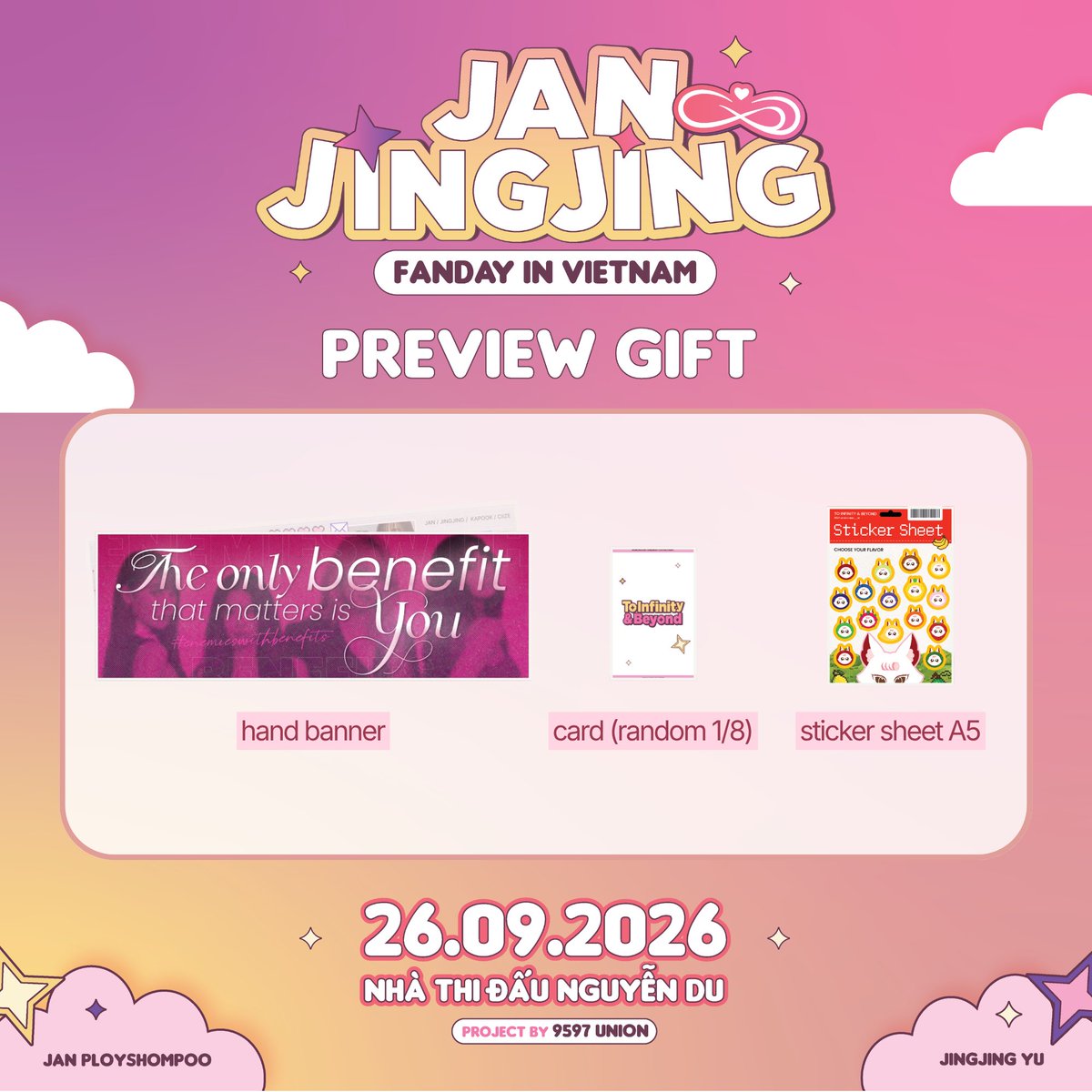 9597percent4jjj's tweet photo. PREVIEW | PART 3. FREEGIFT 

9597 Union has prepared a little gift set for everyone coming to Fanday on September 26! 🫶🏻

The gift set includes:
- Hand banner (it will be placed at your seat in advance)
- 800 cards (randomly selected from 8 designs)
- 300 “Fruity Jewel” sticker sheets.

📅 Show Date: September 26, 2026
📍 Venue: Nguyen Du Gymnasium

A huge thank you to our fruit farm owner @andonuthong for bringing these super adorable “Fruity Jewel” characters to life! 🥹🍊🍓

📋 NOTE:
📌 The cards and sticker sheets will be distributed by 9597 Union at the check-in booth. The sticker sheets are limited in quantity, so make sure to stop by the booth early so you don’t miss out on this little gift! 💌

🗂️ More information about the project will be coming soon, so stay tuned and keep looking forward to it with 9597 Union! 💗

#GMMTVFANDAY35
#EnemiesWithBenefitsxVIETNAM
#JANJINGJING