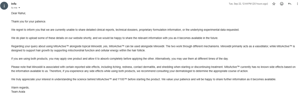rahul251182's tweet photo. #Arata markets #MitoActive/Y100 with quantified claims such as “up to 95% reduction in hair fall” and increased hair growth in 84 days.

I asked for the clinical report, study design, sample size, endpoints, statistical results, Y100 concentration and supporting experimental data.

Their written response says they are currently unable to share the clinical reports, technical dossiers, proprietary formulation information or underlying experimental data.

I am not claiming the product doesn’t work. I am asking a simple consumer question: if quantified clinical claims are being used to sell a hair-growth product, shouldn’t consumers be able to examine the evidence behind those claims?

Sharing their response for transparency.
@jagograhakjago @MoHFW_INDIA @foodpharmer2 @theliverdoc