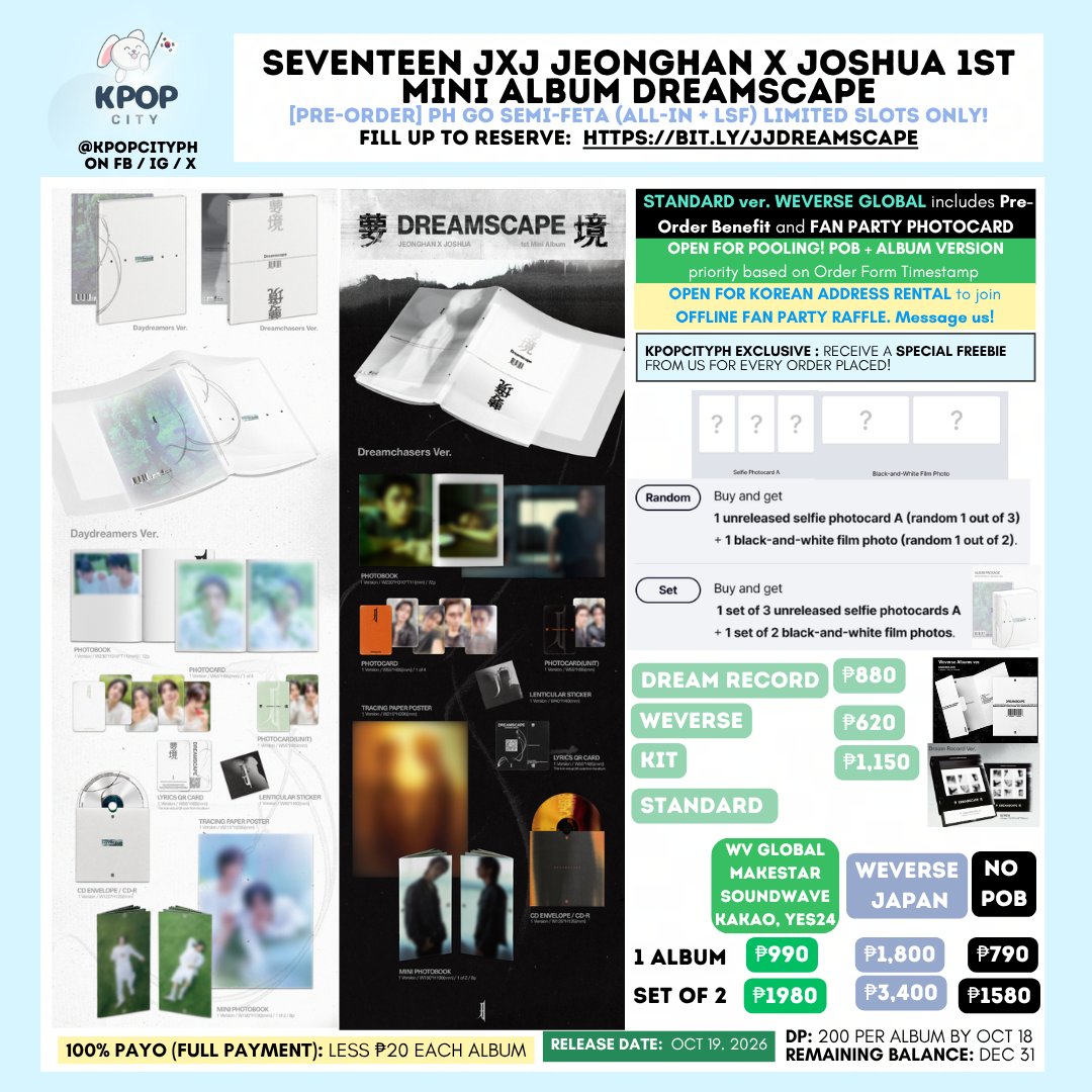 KPopCityPH's tweet photo. [PH GO]  SEVENTEEN JXJ JEONGHAN X JOSHUA 1st MINI ALBUM DREAMSCAPE SFETA❤️‍🔥 #KPOPCityFinds wts lfb japan svt jeonghan joshua

pls help rt

📝https://t.co/ISZF2svoB7
ALL IN + LSF
✅Pooling - Version, POB, Fan Party PC
🎁 Shop Freebie: jihan clear card wallet

STANDARD 
990  WV Global
790 No POB

DREAM RECORD
880 WV Global

620 WEVERSE Ver with POB
1150 KIT

LONG DOP - 
DP OCT 18,  Bal Dec 31
PAYO Less 20

#SEVENTEEN #JXJ
#DREAMSCAPE
jh js photocard hannie shua pasabuy proxy ph for sale