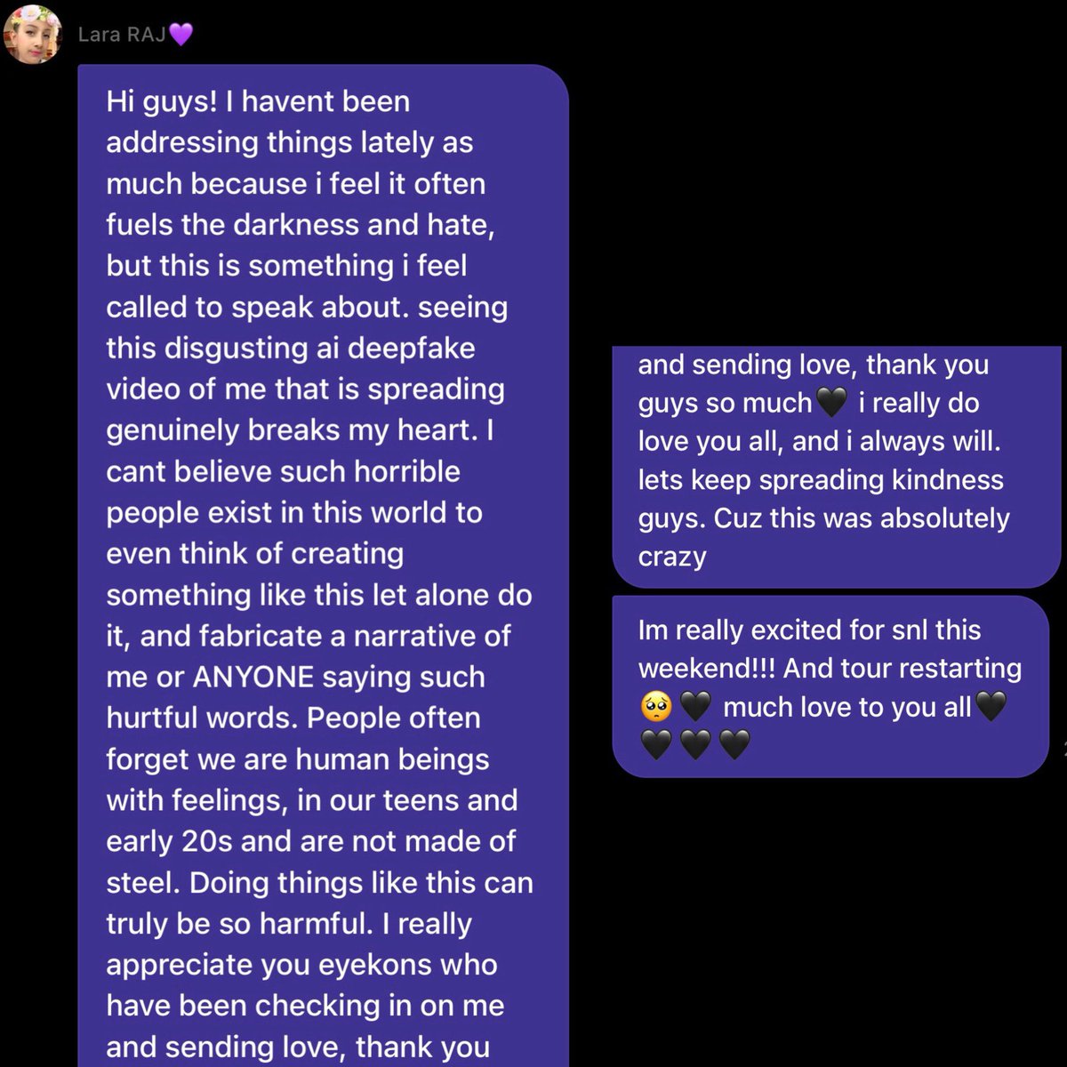 NewsKatseye's tweet photo. Lara addresses the AI deep fake videos of her that have been circulating around:

“People often forget we are human beings with feelings, in our teens and early 20s and are not made of steel. Doing things like this can truly be so harmful.”

#KATSEYE @katseyeworld https://t.co/ozWHSTJHvL