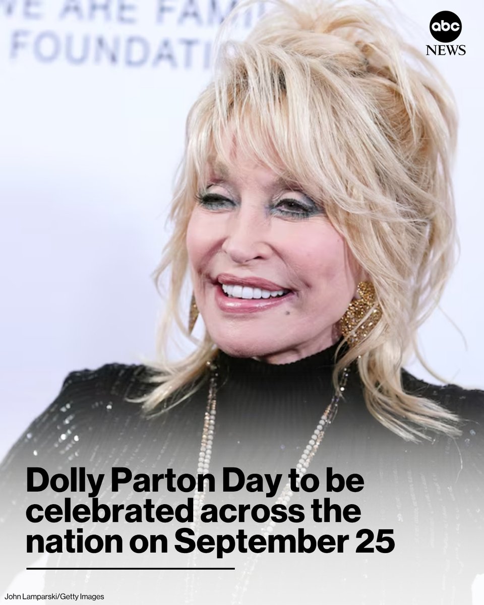 ABC's tweet photo. Dozens of municipalities and one state have declared Sept. 25 as Dolly Parton Day, a celebration timed to the date's nod to Parton's beloved hit song, "9 to 5." https://t.co/6GT9FPS5EF https://t.co/KtGzKXZWyl