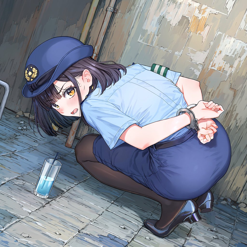 hiyo81015652's tweet photo. 「や、約束ですからねっ。この液体全部飲んだらちゃんと解放してもらいますからねっ！」

「わかってるって、喉乾いてるだろ？さっさと飲みな。なーに何も入れてないからｗｗ」

正義感が強すぎて一人で治安の悪い地域へパトロールに来てしまい、悪党に捕らわれた婦警さん。自分自身の携行品の手錠をかけられてしまいましたが、解放の��件として置かれたコップの液体を飲めと言われたようです。

あーあ、でもこれを飲んだら本当に解放してもらえるのでしょうかね？