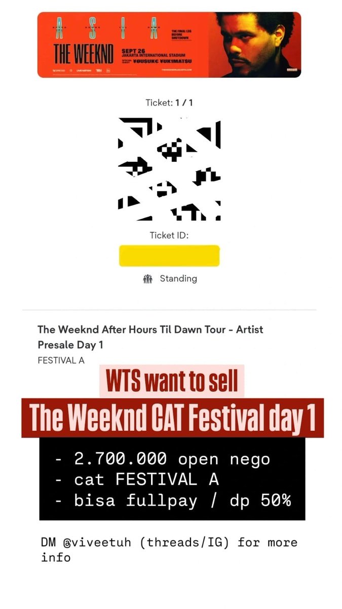 juyeonbatcep's tweet photo. @gyucoupsz Halo kak aku ada the weeknd festival A day 1 2.2jt ajahh bisa fullpay/dp 50%, bisa COD wb besok habis ditukerin https://t.co/fjdej43lMJ
