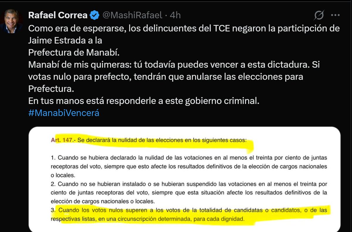 lahistoriaec's tweet photo. Tu raya por el nulo. Luego de que sus dos candidatos -Luisa González y Jaime Estrada- fueron descalificados para la prefectura de Manabí, Rafael Correa comienza a hacer campaña por el voto nulo. La intención es que gane y tenga que repetirse esa elección. https://t.co/p0lBGoORi7