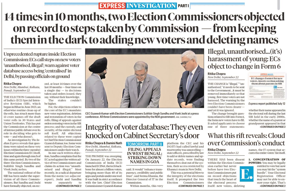ramanmann1974's tweet photo. Two out of the three Election Commissioners Sukhbir Singh and Vivek Joshi are saying that Election Commission actions/orders are unauthorised and illegal. But it seems, Gyanesh Kumar is more than happy to do the Govt's bidding.

Imagine 2 Election Commissioners sidelined, SCARY https://t.co/SZnva7if08