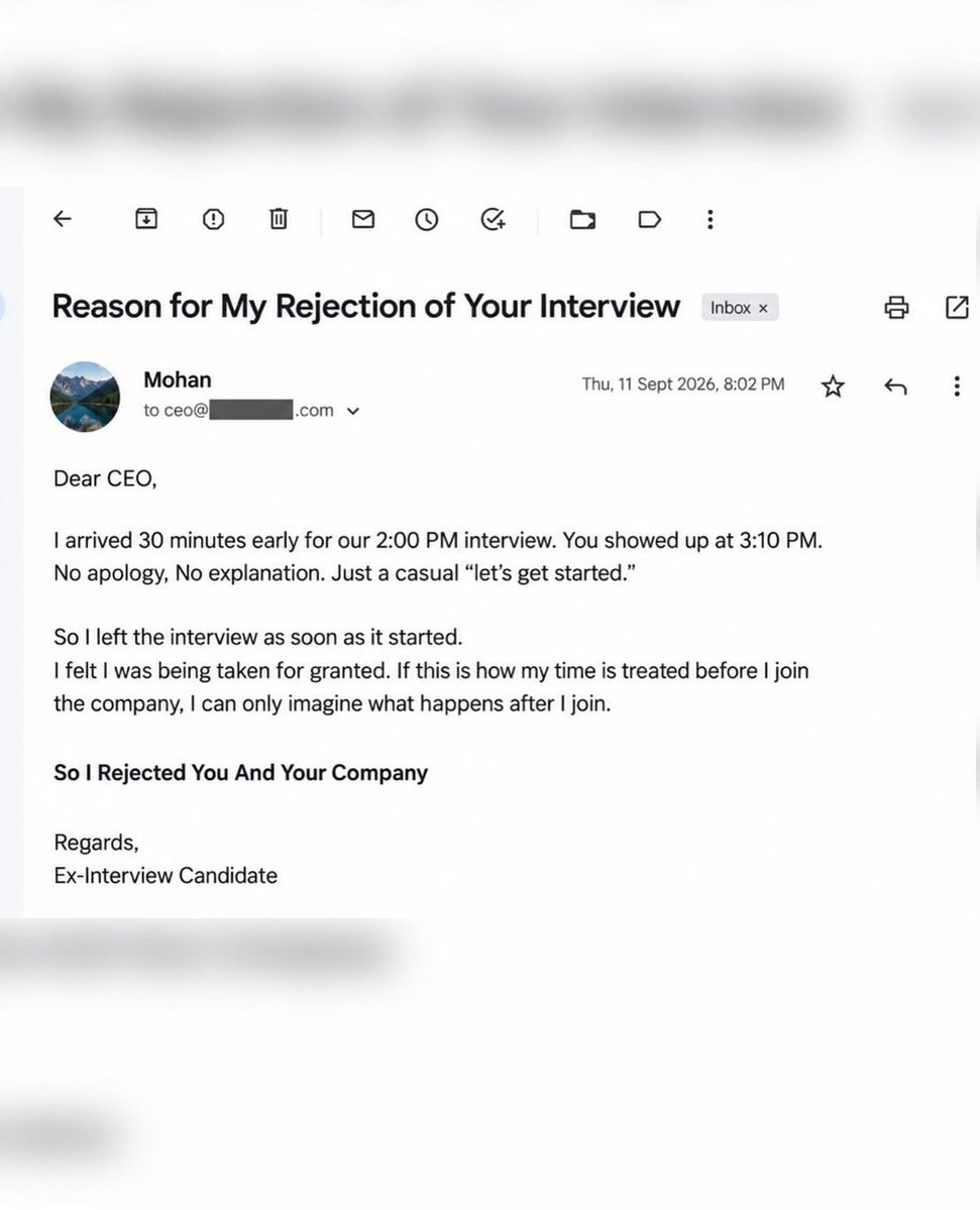 Complex's tweet photo. Candidate walks out after CEO shows up 70 minutes late to interview

[H/T: WASTED] https://t.co/uW1u95HCw5
