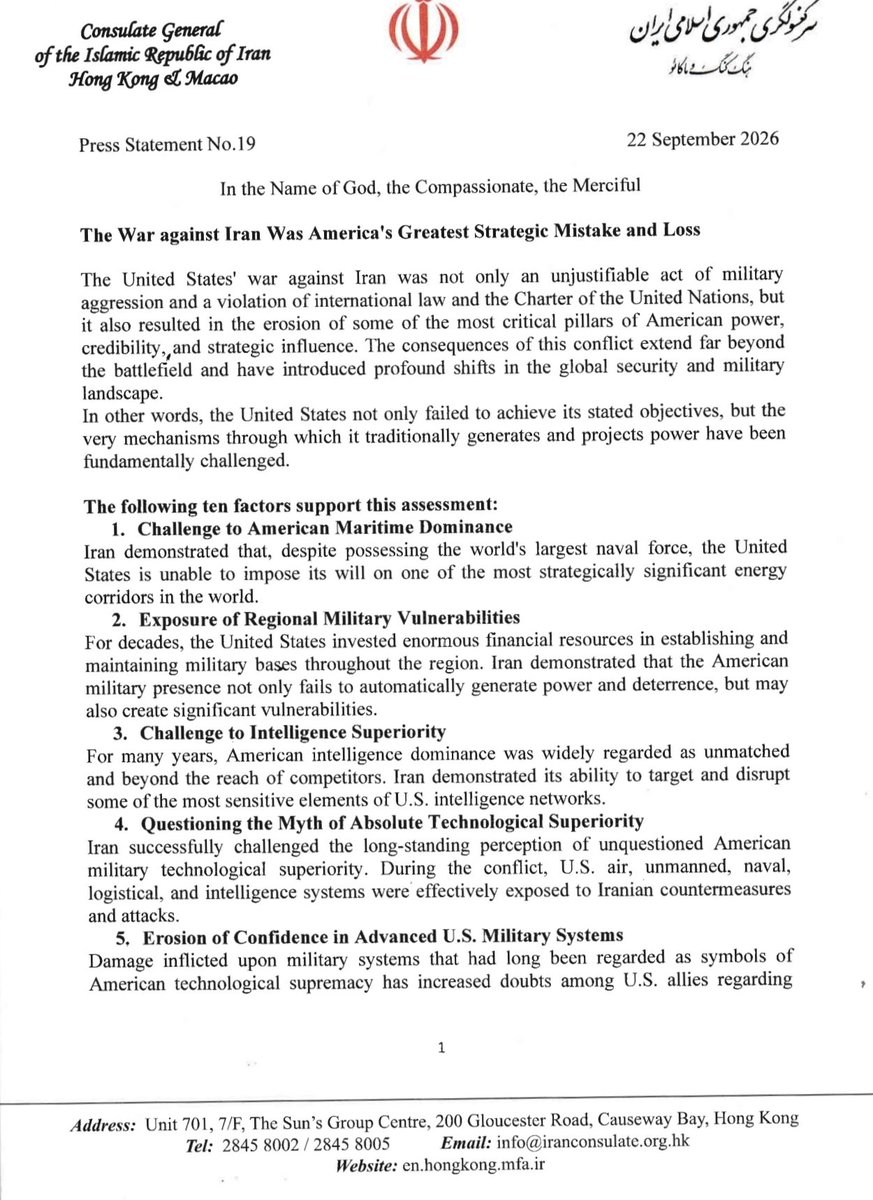 iran_hk's tweet photo. "The War against Iran Was America's Greatest Strategic Mistake and Loss"  by the Consulate General of the Islamic Republic of Iran in Hong Kong, published in DotDotNews. Read the full piece here:

https://t.co/SPwG67ioCT https://t.co/q8D29WmFFP