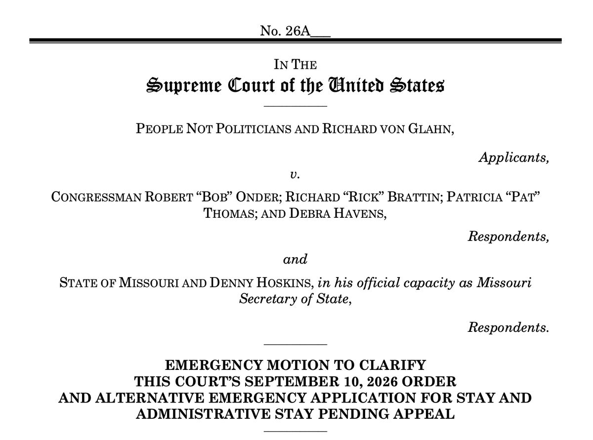 chrisgeidner's tweet photo. BREAKING: Intervenors in Missouri maps case go to SCOTUS seeking emergency relief following the Eighth Circuit's Monday order.

Justice Kavanaugh — nearly immediately — called for a response by 2p ET Wednesday.

https://t.co/a16TPmvsf3 https://t.co/5iEorbck1X