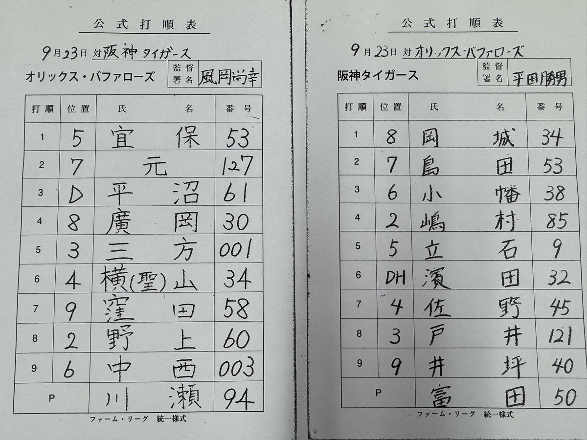 Tigers_farm's tweet photo. 【SGL】9月23日ファーム・リーグのオリックス戦、両チームのスターティングラインナップ！

#阪神タイガース 
#オリックスバファローズ 
#ゼロカーボンベースボールパーク
#日鉄鋼板SGLスタジアム尼崎
#スリーECOチェンジ https://t.co/FJPUPKTgWf