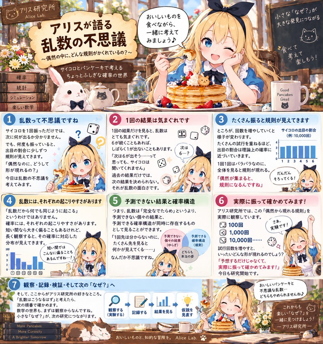 alice_researchI's tweet photo. 🐇「先生、乱数って不思議ですね」🎲

サイコロを1回振っただけでは、次に何が出るか分かりません。

でも、何度も振っていると、出目の割合に少しずつ規則が見えてきます。

「偶然なのに、どうして形が現れるの？」

今日は乱数の不思議を考えてみます。 https://t.co/MRwHX3Hwhw
