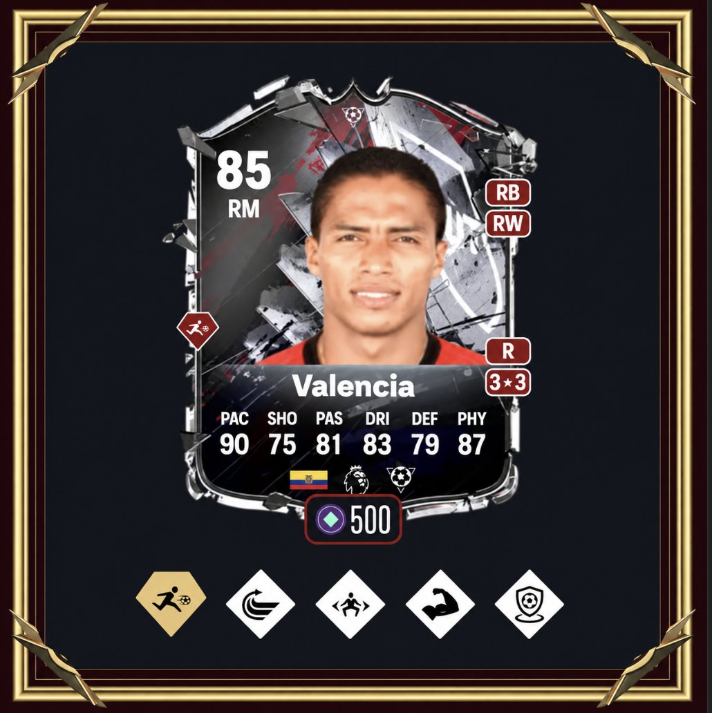 xGMerchantFC's tweet photo. You HAVE to choose Antonio Valencia over Walcott and David Luiz. For 500 tokens, he was my CLEAR FUT Gallery pick in FC 27 Ultimate Team 👀!

He’s the only player in the Gallery that is TOP 5 at his position.

✅ 90 pace + Rapid+ to attack down the wing
✅ Bruiser, Enforcer and 87 physical
✅ Premier League links to fit him into your squad

For me, the difference is positional value. I can find alternatives up front or at CB. but a RB with Valencia’s combination of pace, power and attacking threat is much harder to replace.