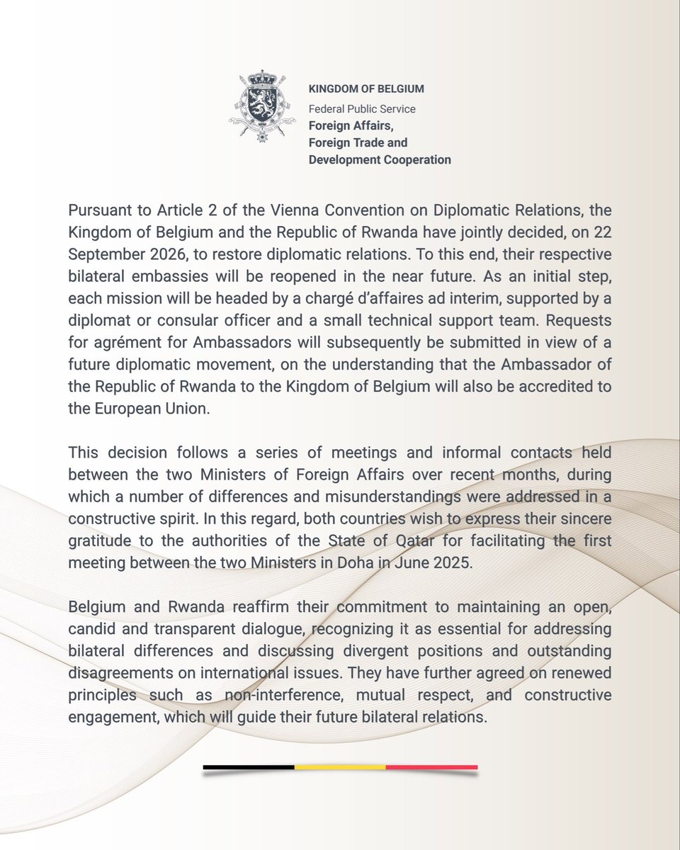 PierreromeoI's tweet photo. Belgium and Rwanda Restore Their Diplomatic Relations  Belgium and Rwanda have jointly decided, on Tuesday, September 22, 2026, to restore their diplomatic relations. https://t.co/19osAhOd5u