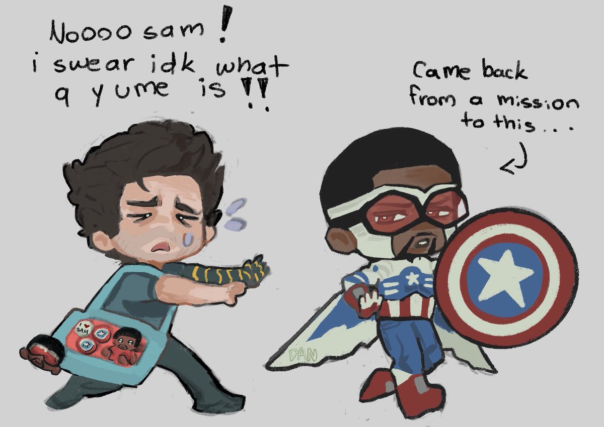 Whataacoo's tweet photo. This whole Bucky yumeshipper thing is so so funny…

I made this based on g1nnake’s drawing of Bucky with the bag lmfao (i’m too shy to tag).

ALSO HAPPY BIRTHDAY TO MY CAPTAIN !!

[ #sambucky #samwilson #buckybarnes ] https://t.co/Z0BEeRjfCS