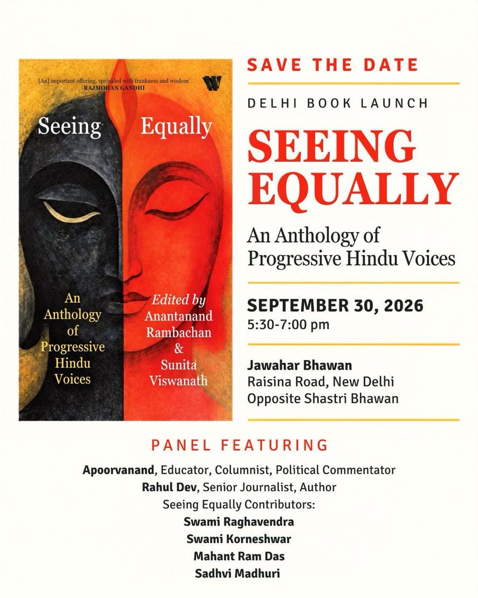SunitaSunitaV's tweet photo. At long last our anthology, Seeing Equally, is out in India, from @WestlandBooks. Each contributor is a Hindu swami, sadhvi, mahant, pandit/a, who stands resolutely opposed to caste and Hindutva. It is an offering, a starting point to grow from, an intervention.

Please spread the word about our Sep 30 book launch in Delhi, and please join if you can.